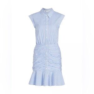 NWT Veronica Beard Bell Bottom Ruched Shirt Dress Bluebell Ecru pinstripe Sz 2